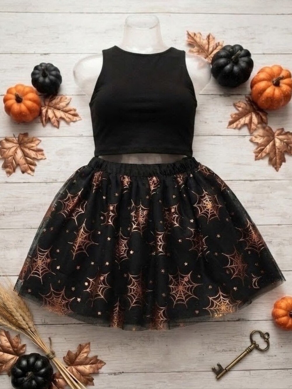 Wonder Nation Kids Black W/Orange Halloween Spiderweb Star Tulle Skirt- Sz 6-6X​